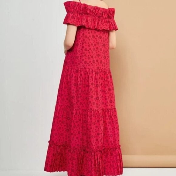 Floral Print Cold Shoulder Ruffle Trim Smock Maxi Dress red - Picture 3 of 8